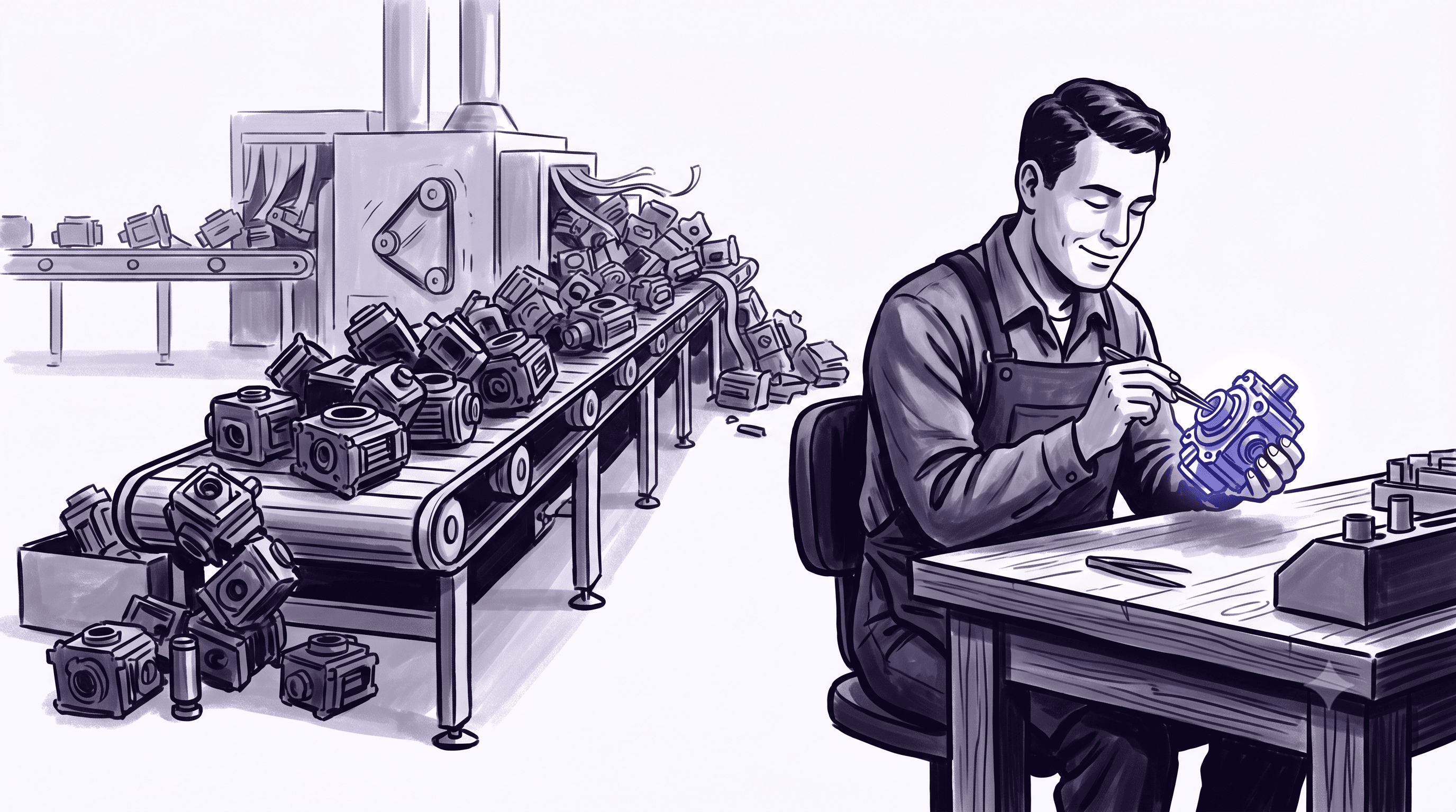An editorial illustration in muted violet: a factory worker calmly finishing one perfect mechanical component at his bench, while behind him, out of his sight, a conveyor belt overflows with identical parts spilling onto the floor.