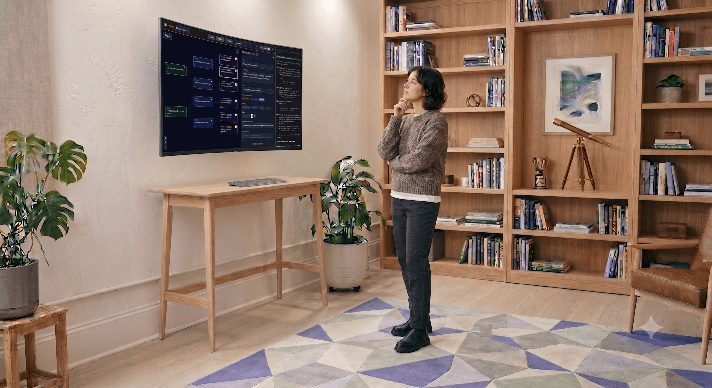 A knowledge worker standing thoughtfully in a comfortable room, screen on the wall showing a product canvas, keyboard resting as an afterthought on a side table