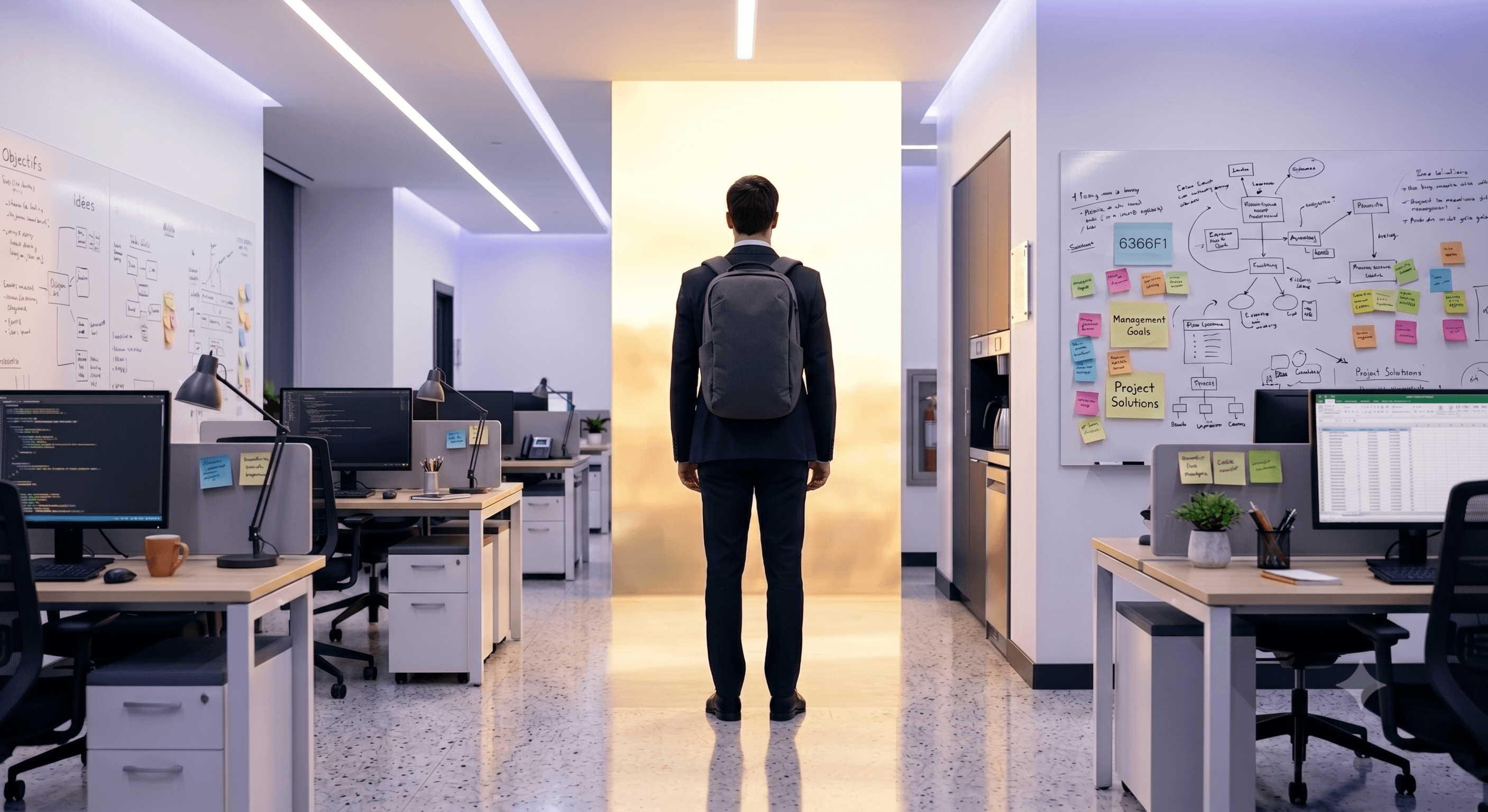 A person with a backpack standing in a bright doorway, leaving a corporate office filled with whiteboards, sticky notes, and screens behind them