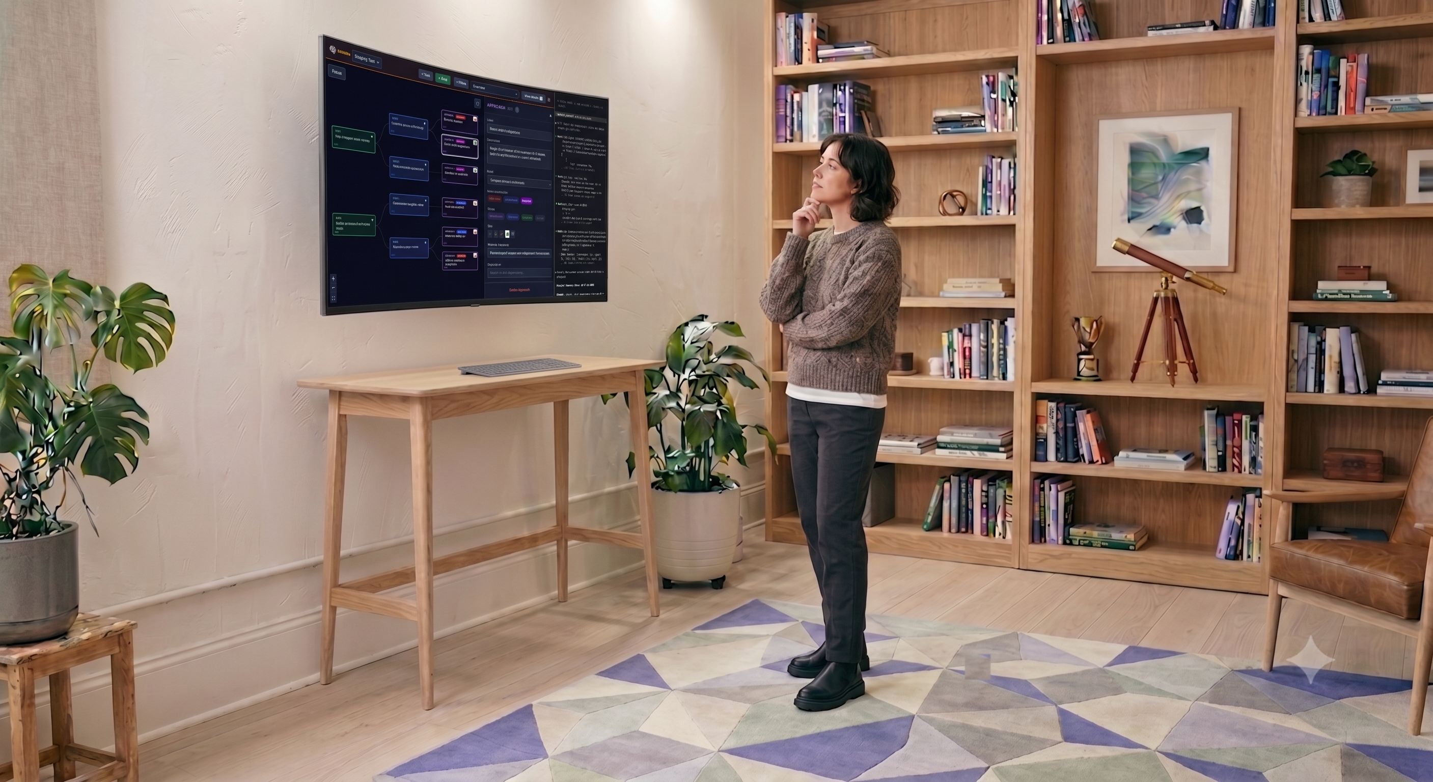 A knowledge worker standing thoughtfully in a comfortable room, screen on the wall showing a product canvas, keyboard resting as an afterthought on a side table